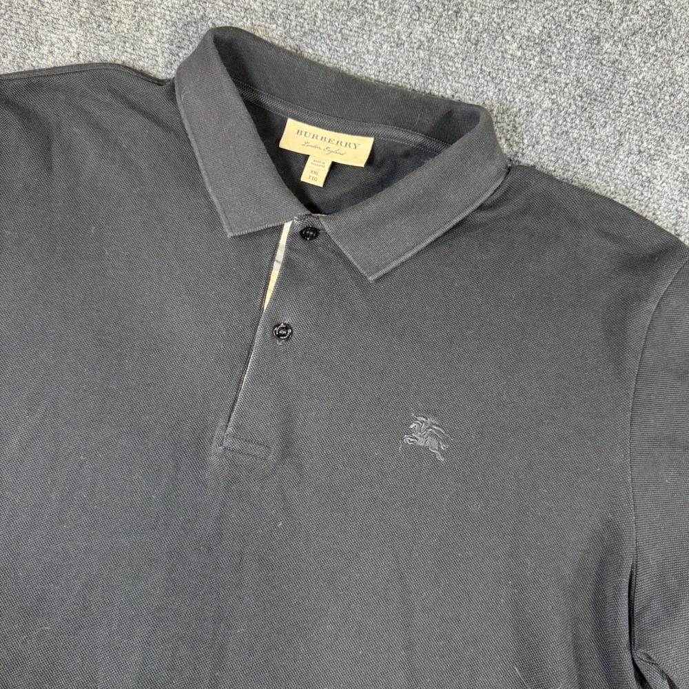 Burberry London England Mens XXL Black Pique Polo Shirt Equestrian Knight Logo